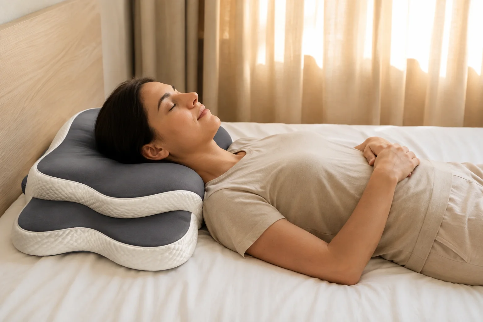 Même femme allongée sur l’oreiller cervical Cervyne : la tête repose dans le creux central, la nuque est dans l’axe du dos