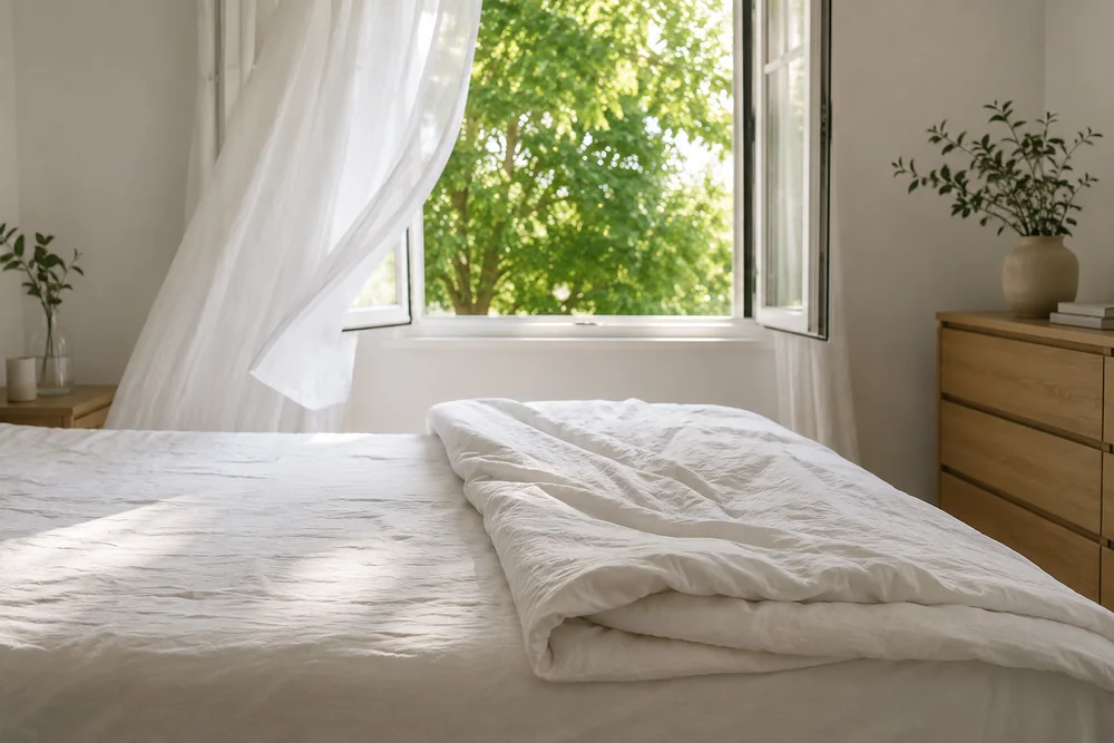 Chambre aeree le matin, couette repliee au pied du lit et fenetre ouverte