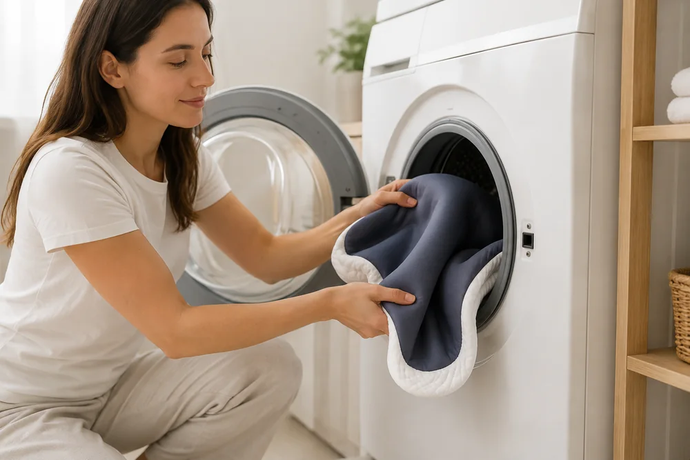 Deux mains placent la housse grise dans le tambour d'un lave-linge