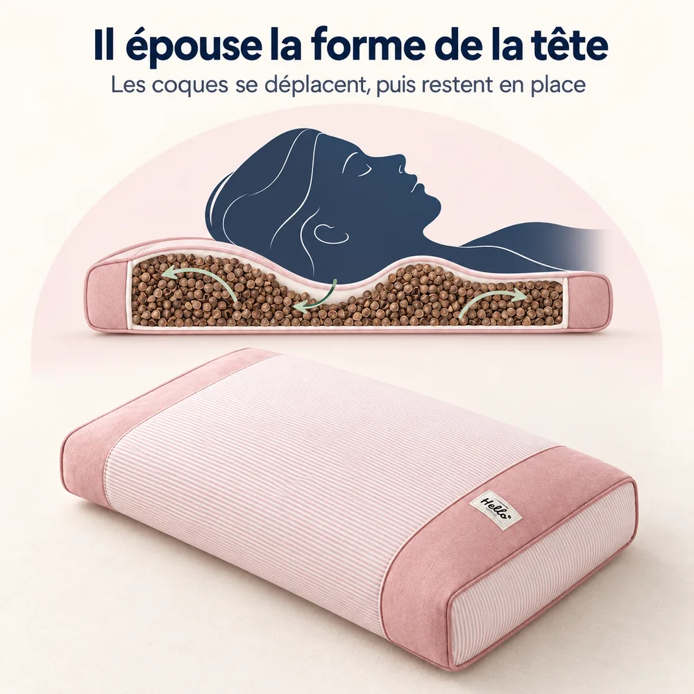 Schéma en coupe : les coques de sarrasin se déplacent sous la tête, puis restent en place
