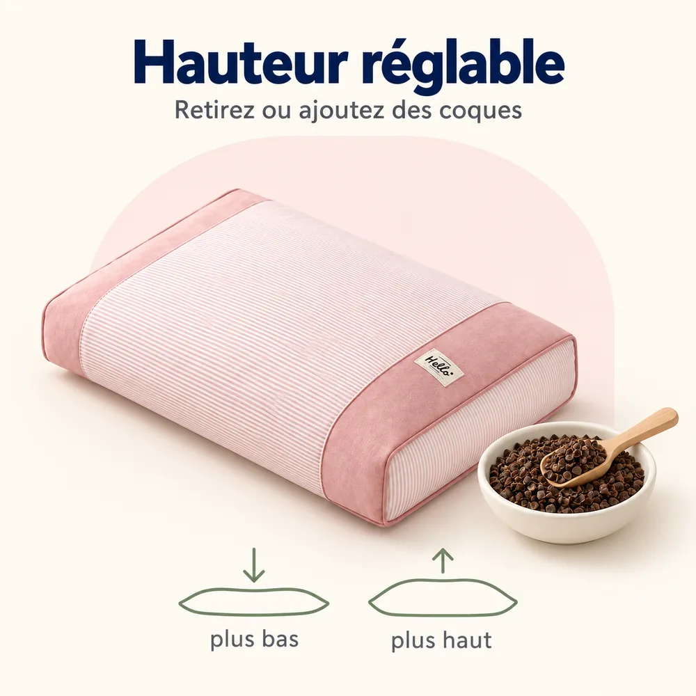 Hauteur réglable : on retire ou on ajoute des coques de sarrasin, plus bas ou plus haut