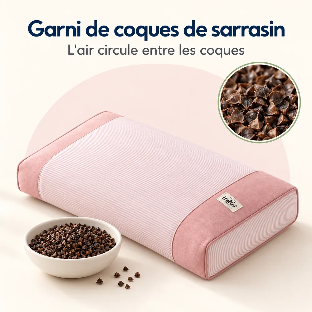 Garni de coques de sarrasin : l’oreiller rose, une coupelle de coques et un gros plan des coques