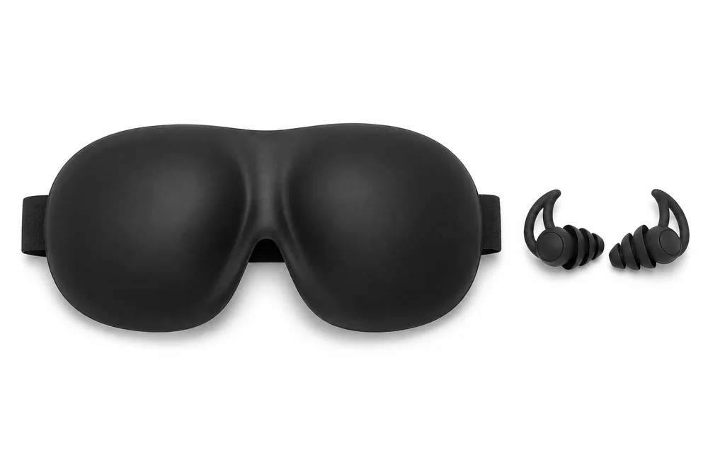 Masque de sommeil et paire de bouchons d'oreilles poses a plat