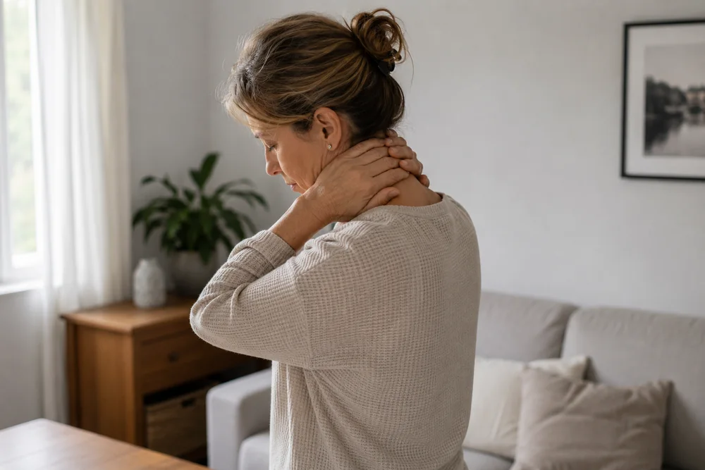 Femme debout se massant la nuque a deux mains