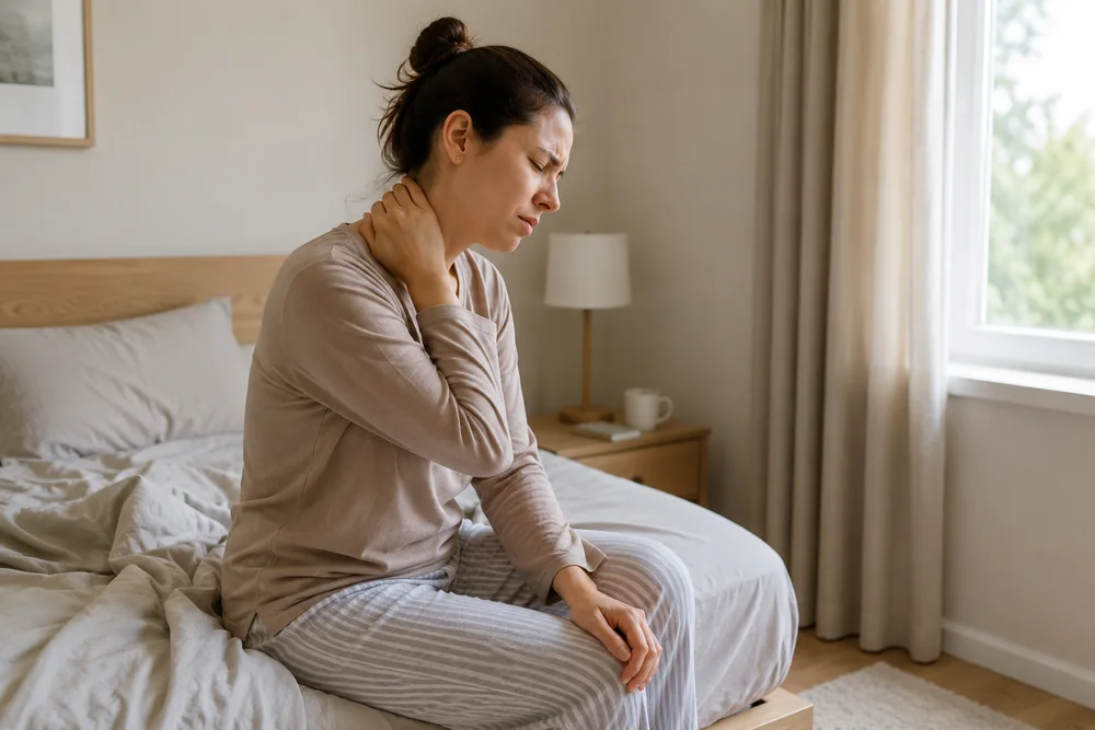 Femme assise au bord de son lit au reveil, une main sur la nuque
