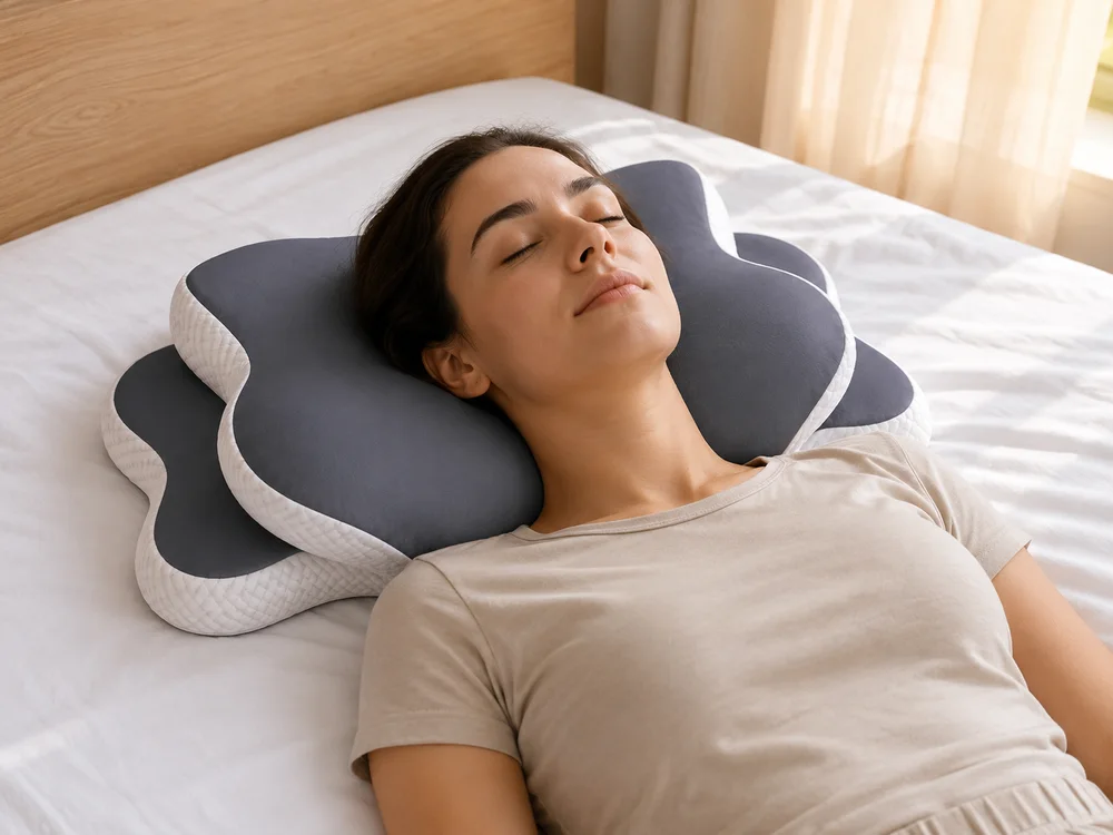 Oreiller cervical Cervyne sous la nuque d’une dormeuse allongée sur le dos