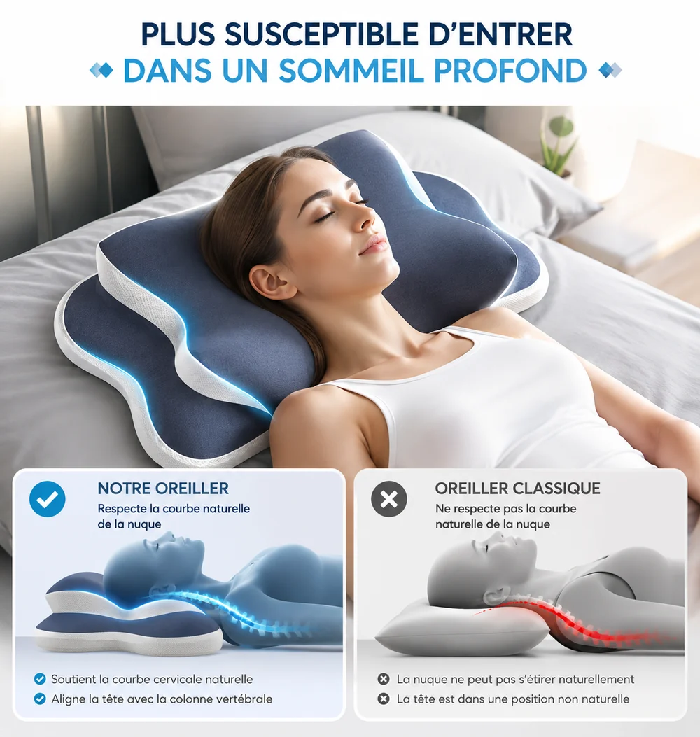 Dormeuse sur le dos sur l’oreiller cervical Cervyne, comparé à un oreiller classique