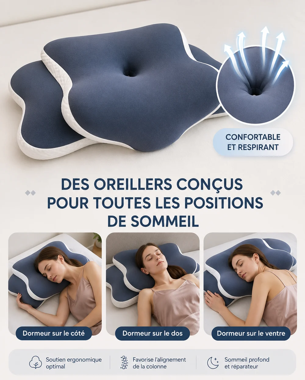 L’oreiller cervical Cervyne utilisé sur le côté, sur le dos et sur le ventre