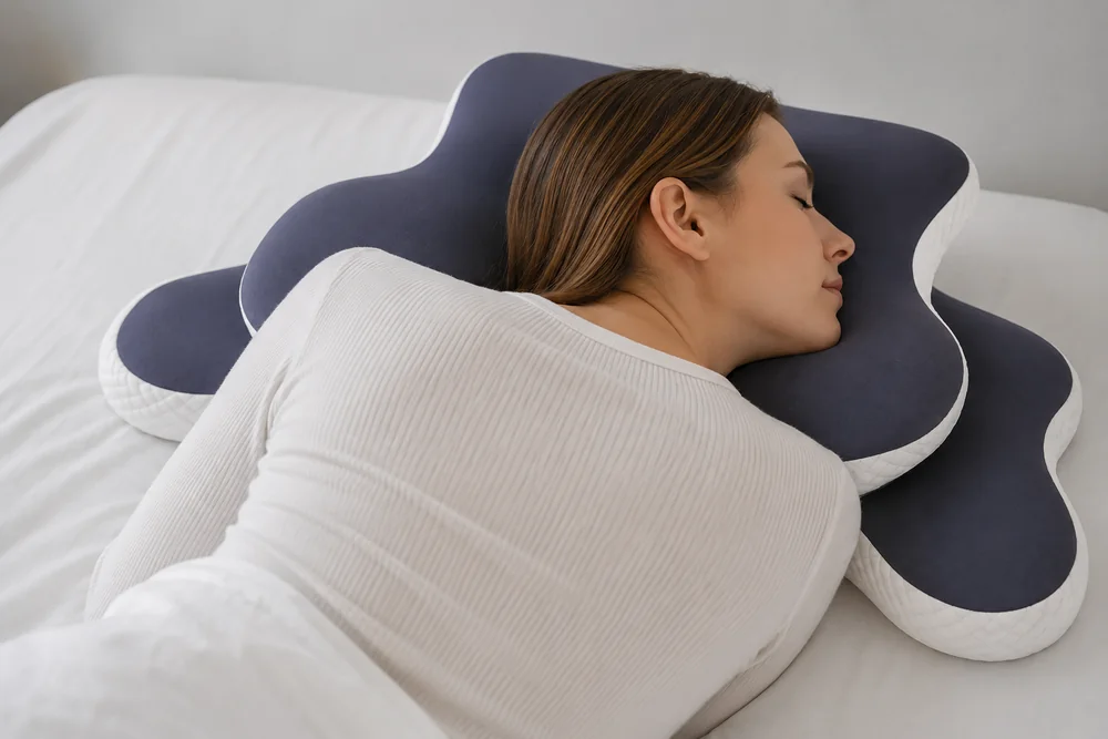 Personne dormant sur le cote, vue de profil, la nuque soutenue par l'oreiller cervical Cervyne