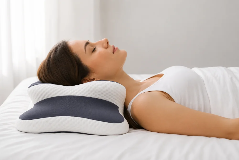 Personne dormant sur le dos, la nuque comblee par la face creusee