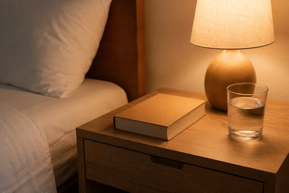 Table de nuit en bois avec une lampe allumee, un livre et un verre d'eau