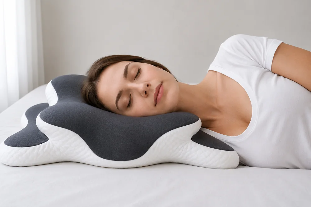 Vue de face au niveau du matelas : nez, menton et clavicules alignés sur l'oreiller
