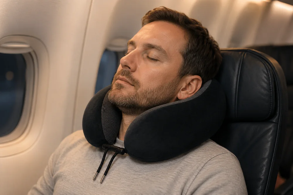 Cale-nuque en U porte autour du cou dans un siege d'avion