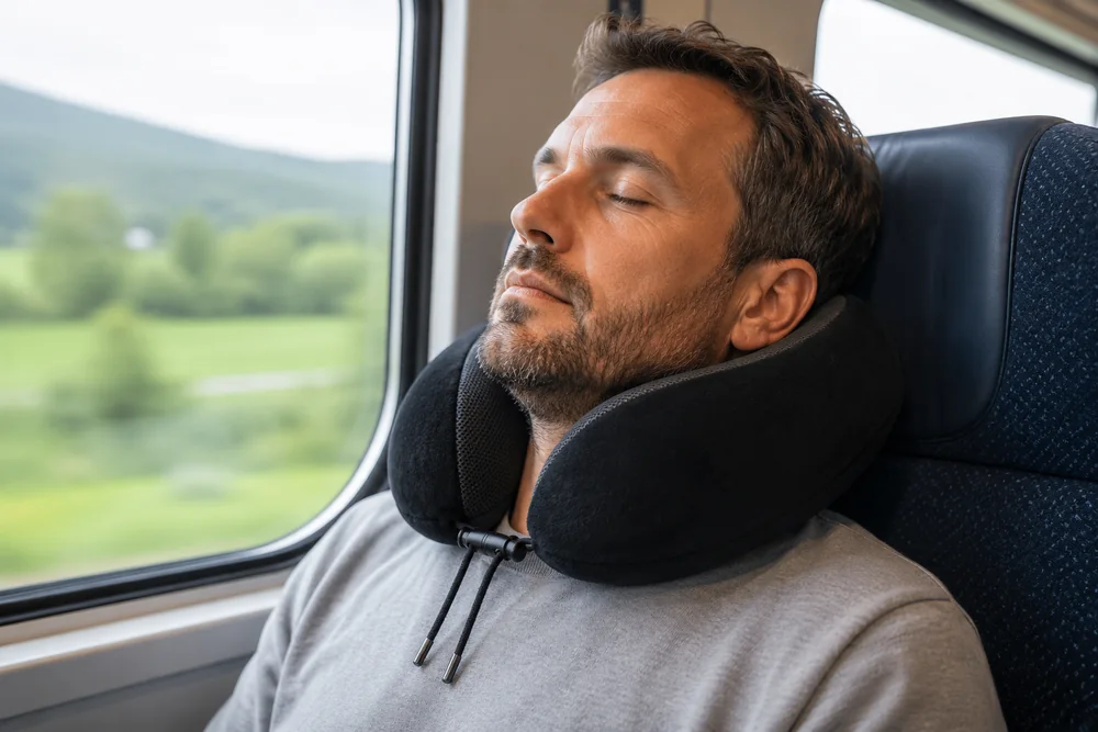 Cale-nuque en U porte autour du cou dans un siege de train
