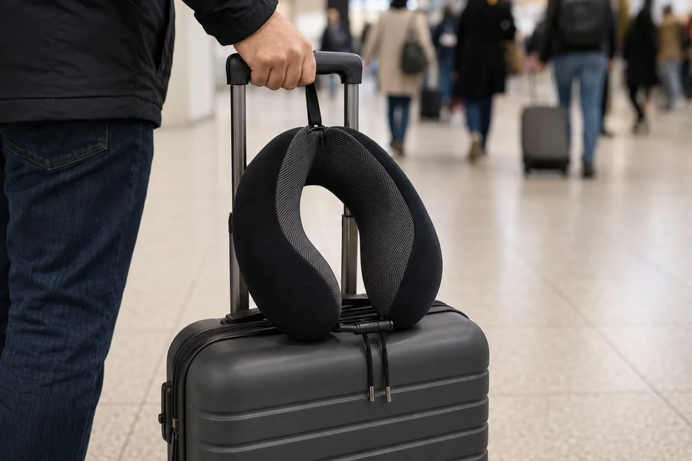Le cale-nuque accroche a la poignee d'une valise cabine